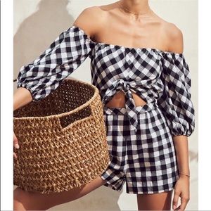 Saylor Eleanore Romper in Retro Black and White Gingham Off Shoulder Puff Sleeve